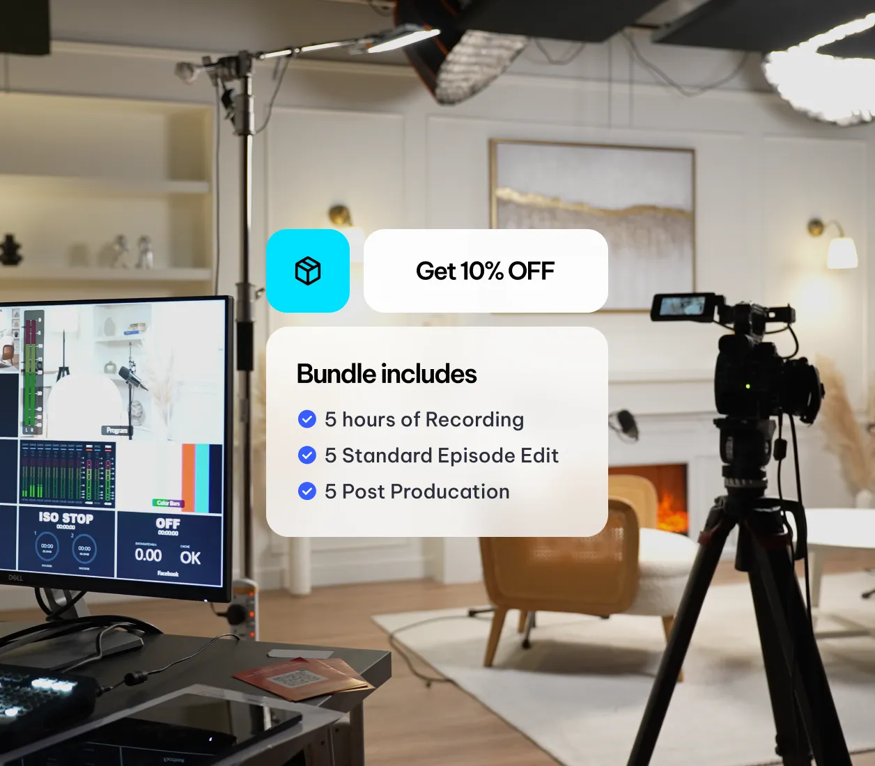 A Podyx bundle offering 10% off recording, editing, and post-production in a camera studio