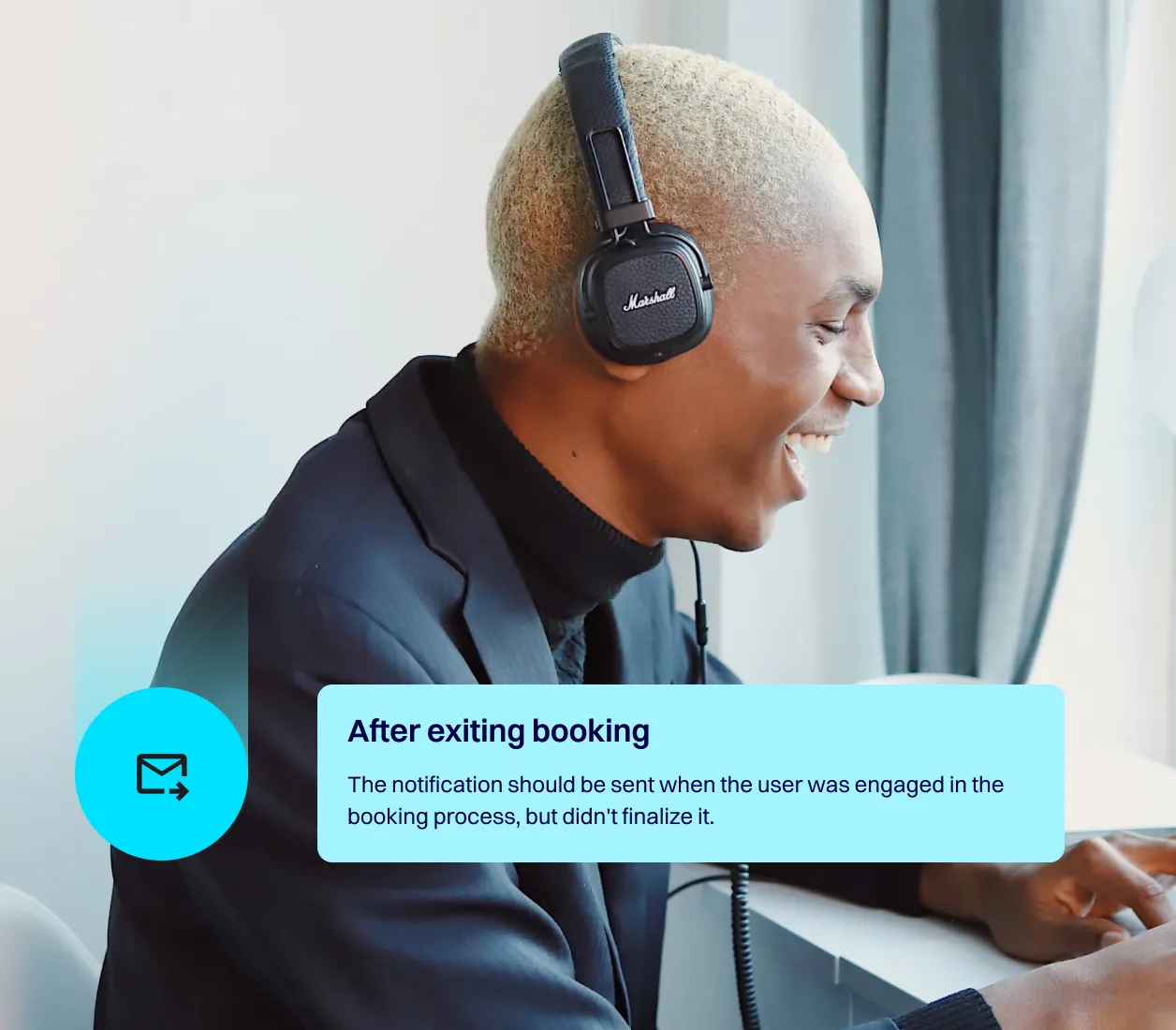 A Podyx booking reminder email shown beside a client listening on headphones