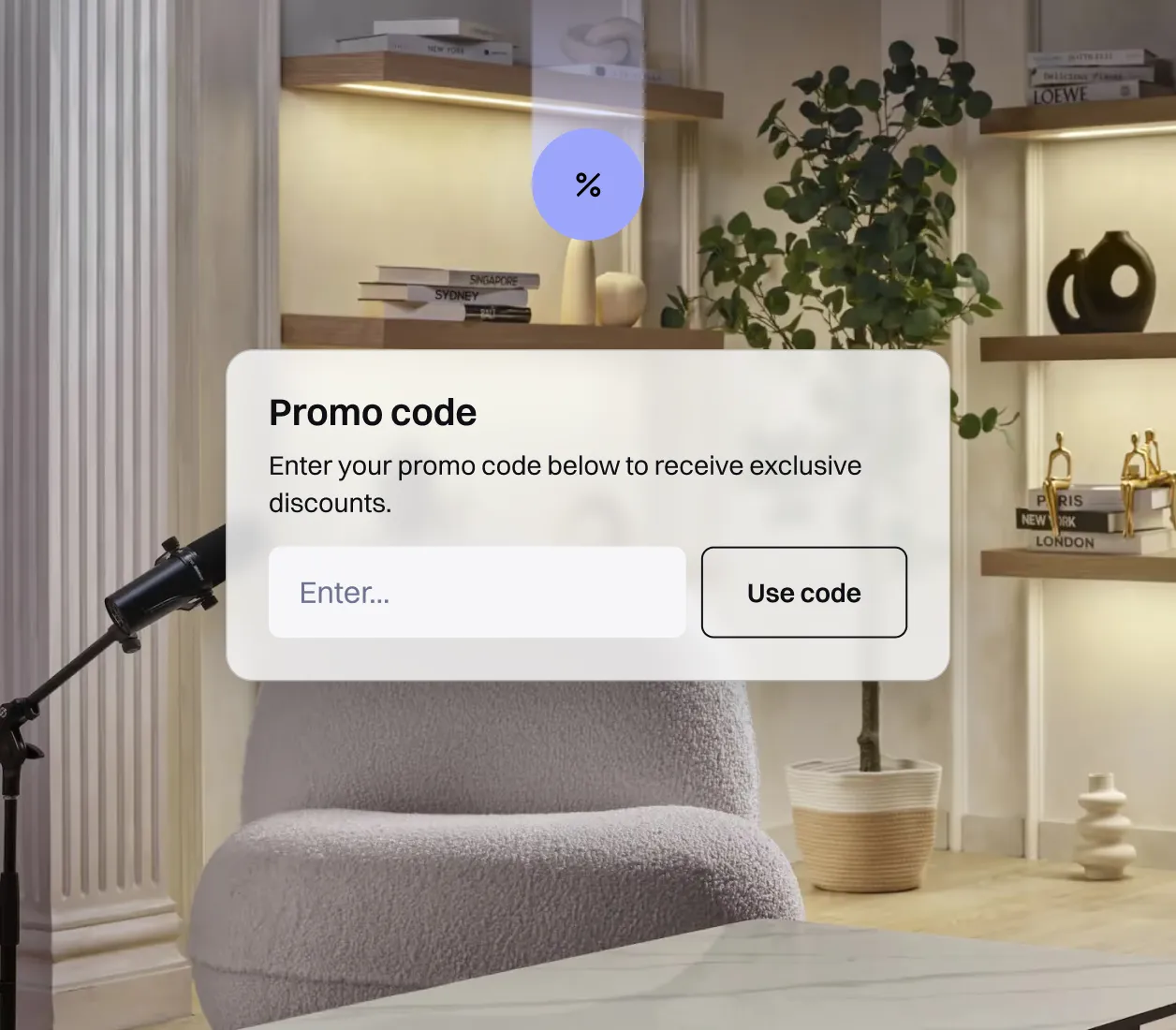 A Podyx promo code field offering an exclusive discount in a styled studio