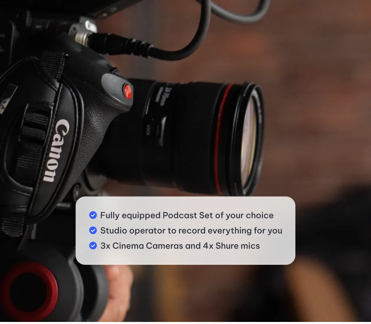 A Podyx service checklist explaining what a session includes, over a cinema camera