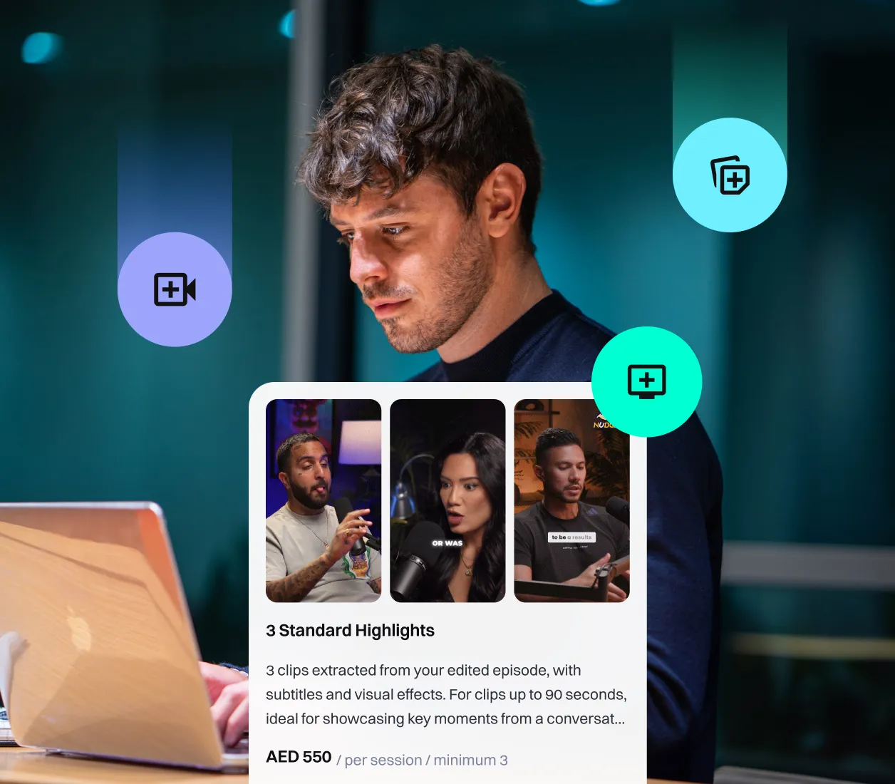 Podyx add-on offer shown alongside a studio creator working on a laptop