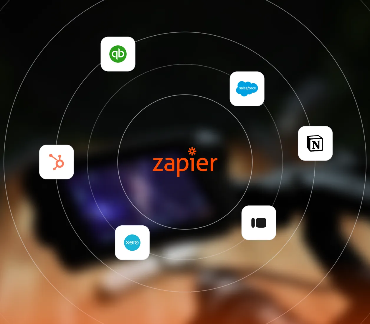 Zapier connecting business applications including Salesforce, Notion, HubSpot, and accounting tools