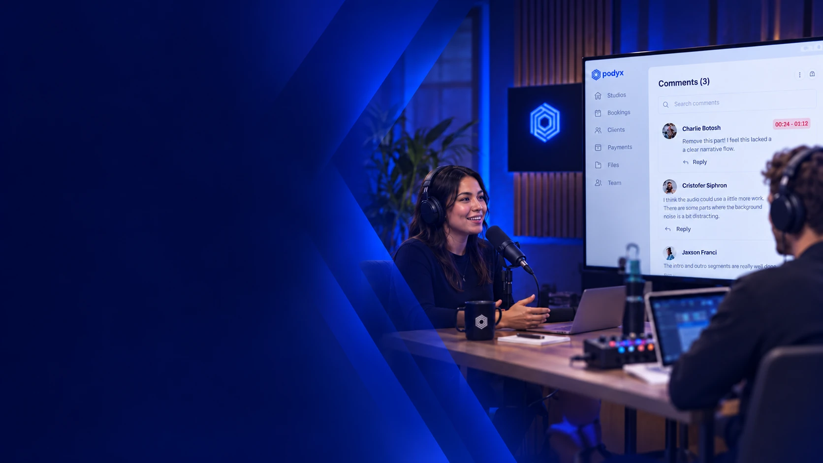 A host recording in a blue-lit studio while a producer reviews timestamped Podyx comments on a large screen